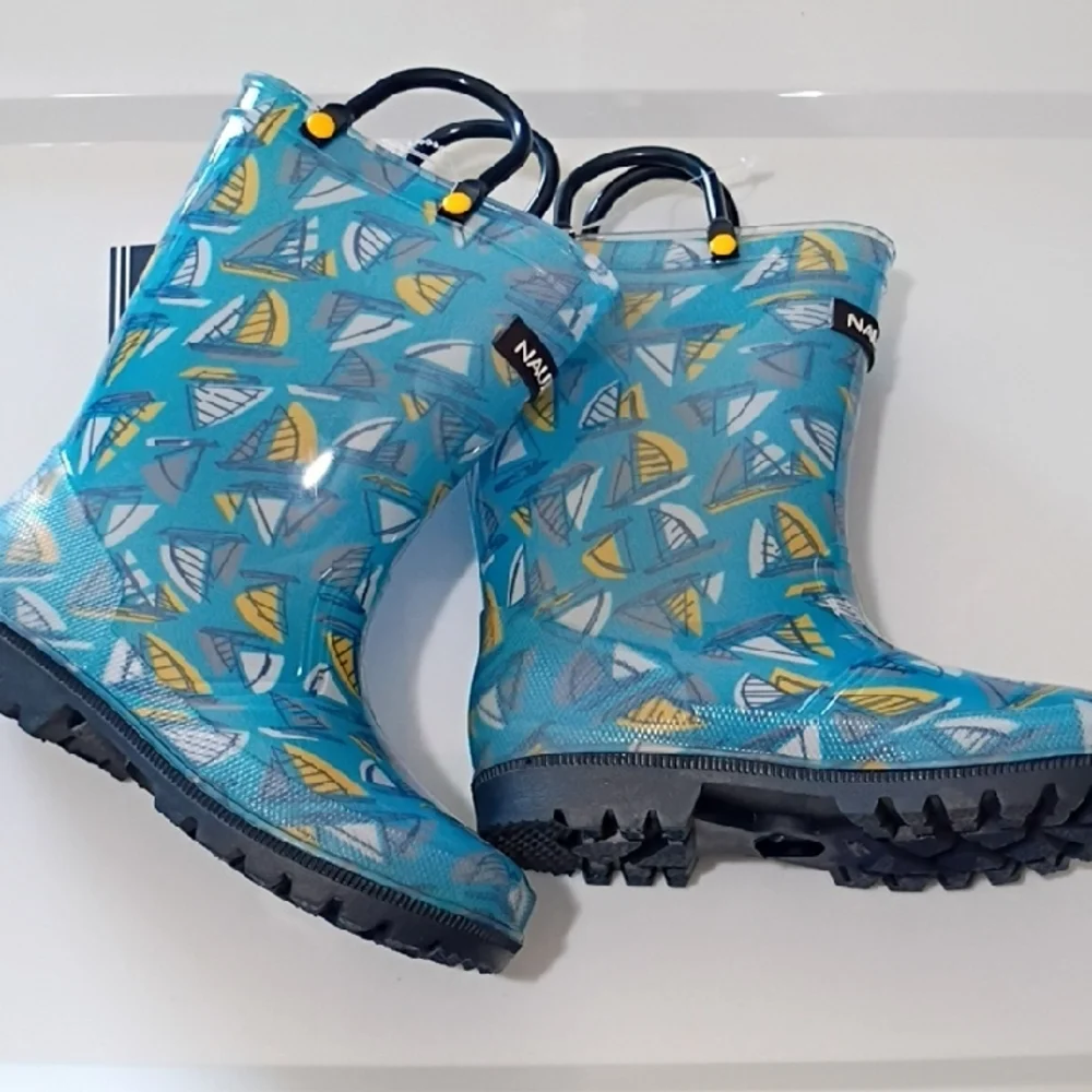 NAUTICA KIDS PULL-ON RAIN BOOTS Blue Yellow Sailboat Print SIZE 11 Toddler NWT